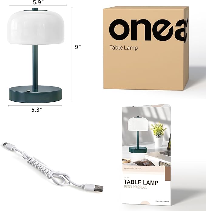 Oneach Portable Cordless Table Lamp, Rechargeable Battery Powered Lamp with Opal Glass Shade, 3-Way Dimmable LED Touch Mushroom Table Lamp for Bedroom, Bedside, Living Room, Dining Room, Patio, Blue