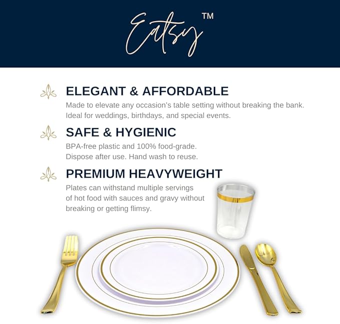 Tableware Dinnerware Set, Premium Heavyweight, Reusable or Disposable Party Plates, Includes Dinner Plate, Dessert Plate, Cutlery, and Cup (Gold, 150-Piece Set, Serves 25 Guests)
