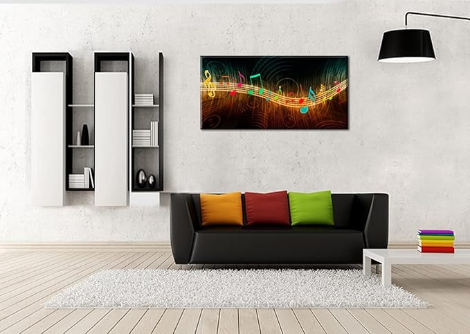 Music Wall Art for Bedroom Above Bed, PIY Modern Musical Note Canvas Prints, Beautiful Notes Beating on Staff Picture Decor (Waterproof, Bracket Mounted Ready to Hang, 24x48 Large)