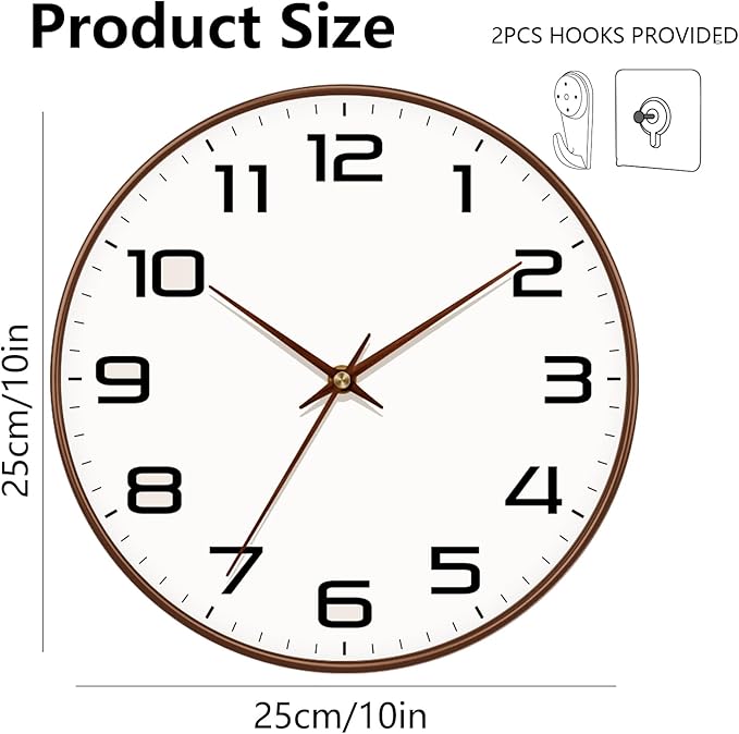 Woodgrain Wall Clock, Silent Non-Ticking Battery Operated Clock 10 Inch, Large Easy-to-Read Number Digital Wall Clocks, Modern Analog Clocks for Living Room Bedroom Kitchen Office Gym, Brown