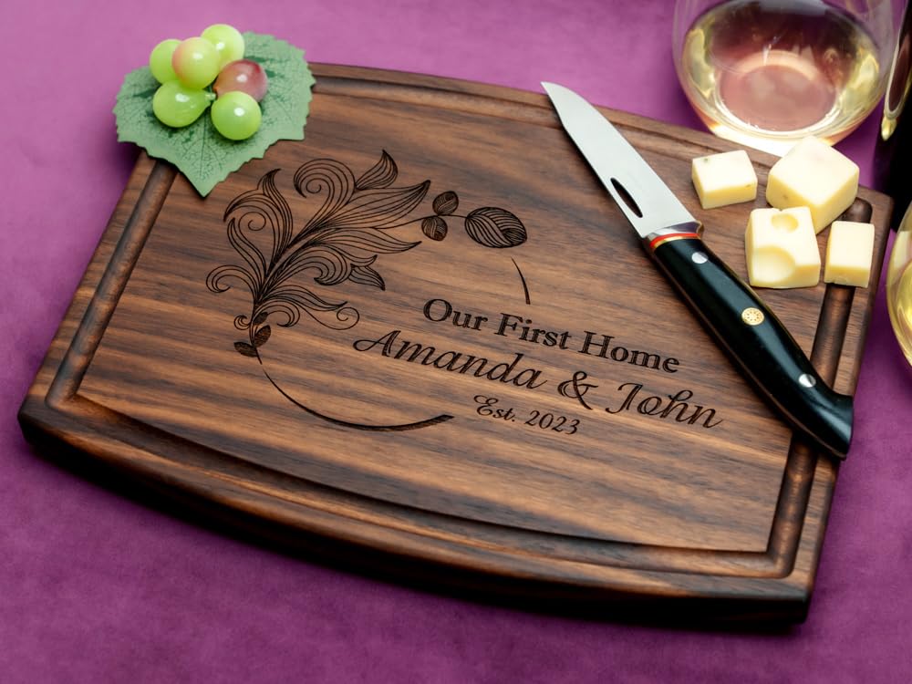 Straga Personalized Cutting Boards | Handmade Wood Engraved Charcuterie | Custom Wedding, Marriage Anniversary, Housewarming Gift for Couples and Newlyweds (Feather Design No.403)