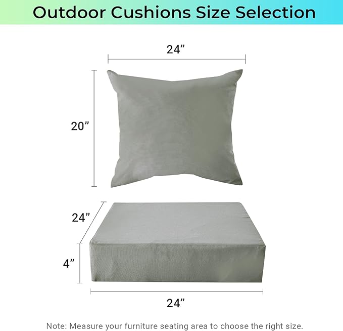 Outdoor Cushions for Patio Furniture,Outdoor Seat Cushion Set 24 x 24 x 4 Inch,Waterproof & Fade Resistant Outdoor Chair Cushions,Deep Patio Chair Cushion with Removable Cover,Light Grey