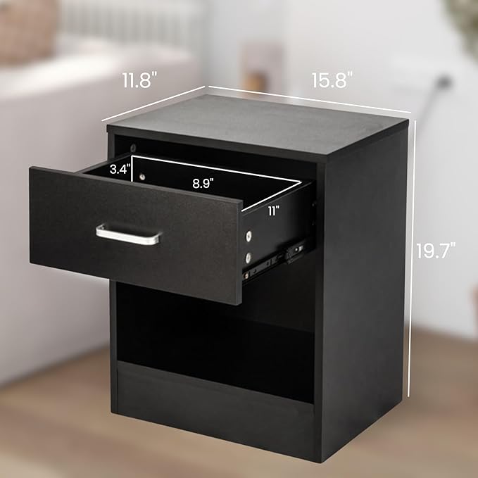 Karl home Nightstand Set of 2, Wood Nightstand for Bedroom, Bedside Table Set 2 with Open Shelf, Modern Night Stand Set of 2, End Table, Black