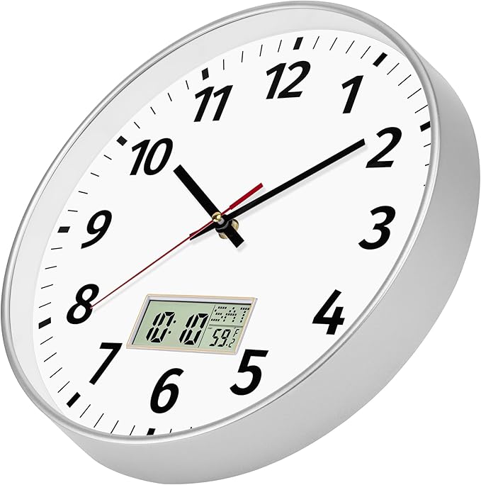 Foxtop Digital Wall Clock with Time, Day of Week and Temperature, Silent Non-Ticking Battery Operated Round Digital and Analog Wall Clock for Classroom Office Bedroom Home School (12 Inch, Silver)