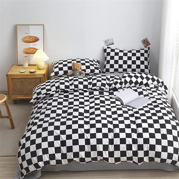 Pureant Black & White Plaid Comforter Set - King Size, Black & White Checkerboard Grid Bedding, Soft Modern Black Buffalo Grid Comforter, Boho Checkered Quilts