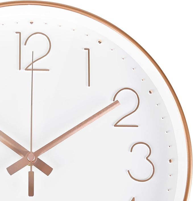 Wall Clock 10 Inch Battery Operated Modern Round Non-Ticking Wall Clocks for Kitchen, Office, Classroom (Rose Gold)