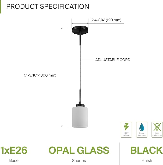 ASD Single Mini-Pendant Ceiling Light Fixture | 60W E26 Socket 120V | Dimmable, LED/CFL/Incandescent Bulbs Compatible, ETL Listed | Hanging Kitchen Island Lighting, Frosted Drop Lamp | Black