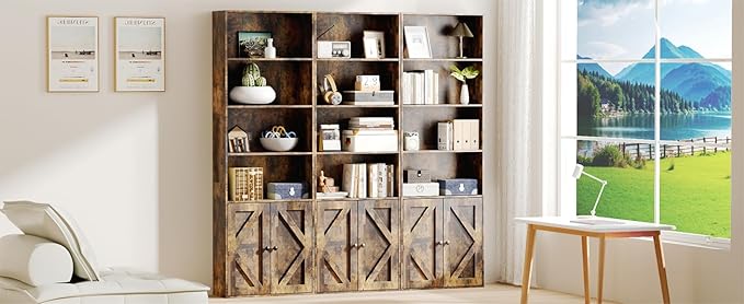 Tall Wooden Bookshelf with Cabinet and Doors,Vintage Brown Bookcase for Bedroom, Living Room, or Home Office Storage,6 Shelves for Heavy Books & Organization