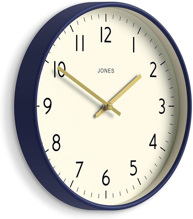 JONES CLOCKS® Studio Wall Clock | Modern Round Clock | 12 inch | Dark Navy Blue | Easy to Read Numbers | Versatile Design for Kitchen, Living Room or Office