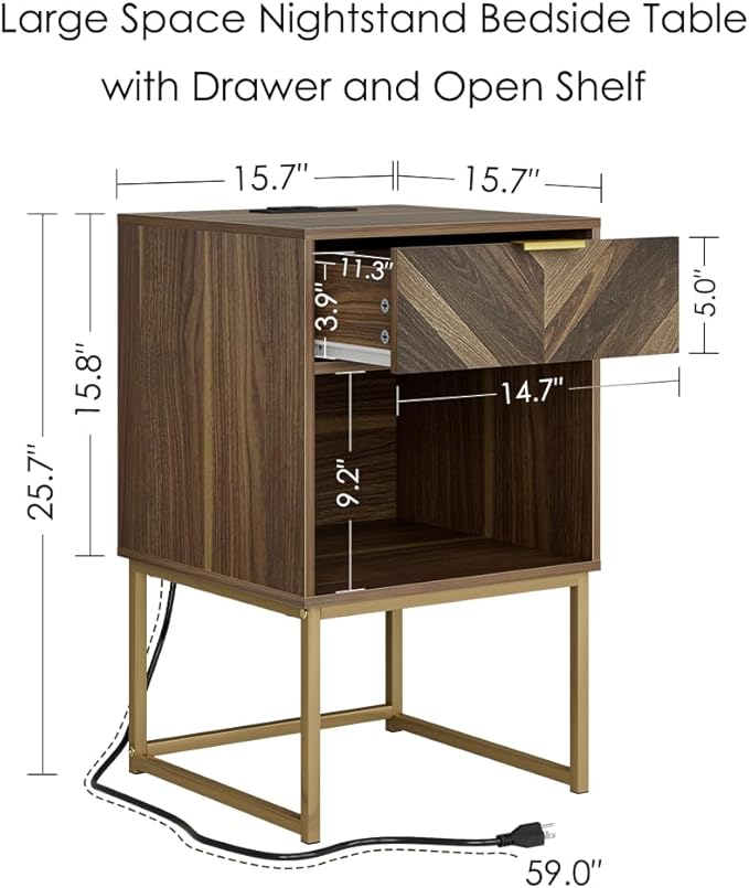 Masupu Extra Large Nightstand with Charging Station,Boho Night Stand Modern Farmhouse Wood Bedside Table with Storage Drawer and Open Shelf,Side End Table for Bedroom,Living Room,Office Brown