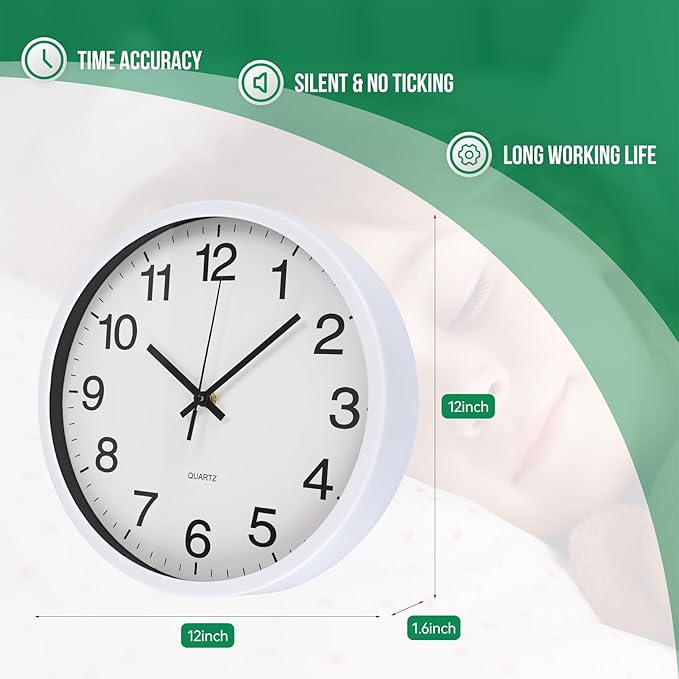 Wall Clock Non-Ticking Silent Quartz Movement Decor Clock Modern Simple Style Round Plastic Wall Clocks for Home/Office/School/Living Room/Bedroom/Kitchen (White, 12 Inch)