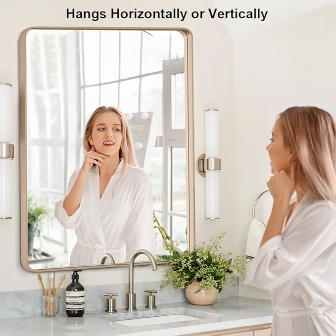 Gold 24x36 Inch Metal Framed Mirror for Wall, Large Rounded Rectangle Mirror, Anti-Rust, Tempered Glass, Hangs Horizontally or Vertically