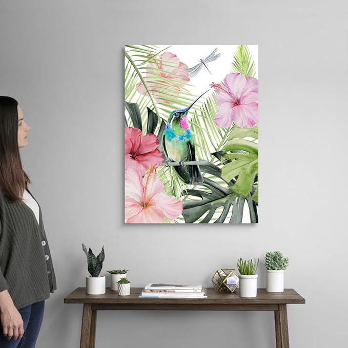 CANVAS ON DEMAND Hibiscus & Hummingbird II Canvas Wall Art Print by Jennifer Paxton Parker, Contemporary, Home Decor, Bird, Wildlife Artwork, 24" x32in