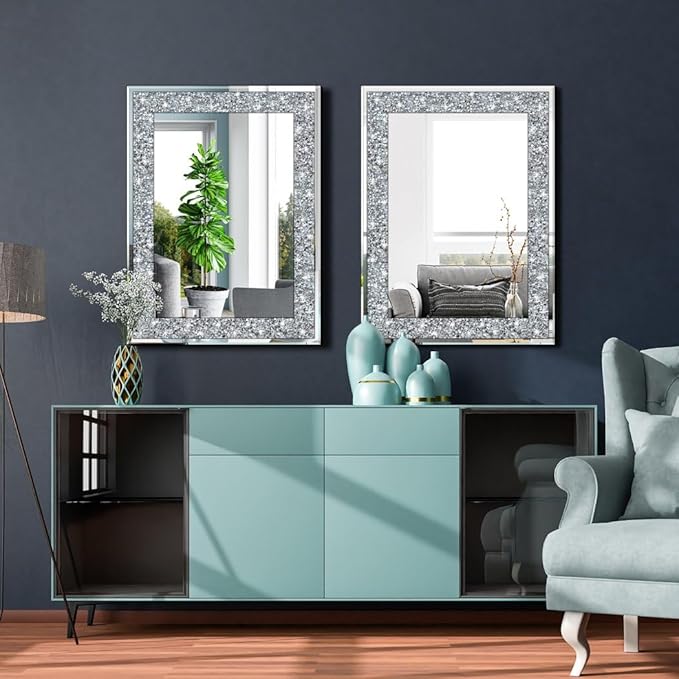 Crystal Crush Diamond Rectangle Silver Mirror for Wall Decoration 20x28inch Wall Hang Frameless Mirror Glass Diamond Decor.