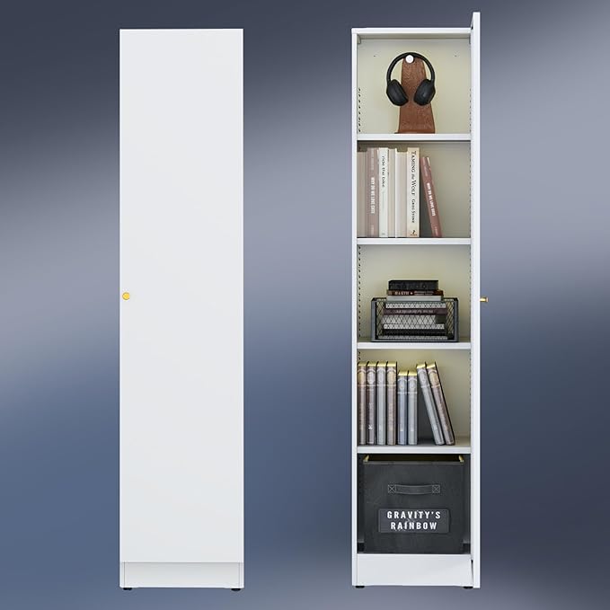 5 Tier Metal Curio Cabinets, Modern Bookshelf Cabinet with 4 Adjustable Shelves, Cabinet Display Case for Home Office, Living Room, Pantry (Black) (White, 15.7" W-Metal Door)