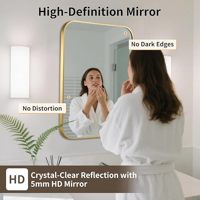 Gold Bathroom Mirror, 30x36 Inch Aluminum Frame Rectangle Mirror, Anti-Rust, Tempered Glass, Wall Mirror for Over Sink, Vanity, Bedroom, Entryway, Horizontal/Vertical