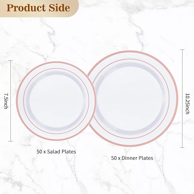 100PCS Rose Gold Plastic Plate, Disposable Party Plates with 50 Dinner and 50 Dessert Plates, Plastic Plate for Party, Wedding and Birthday