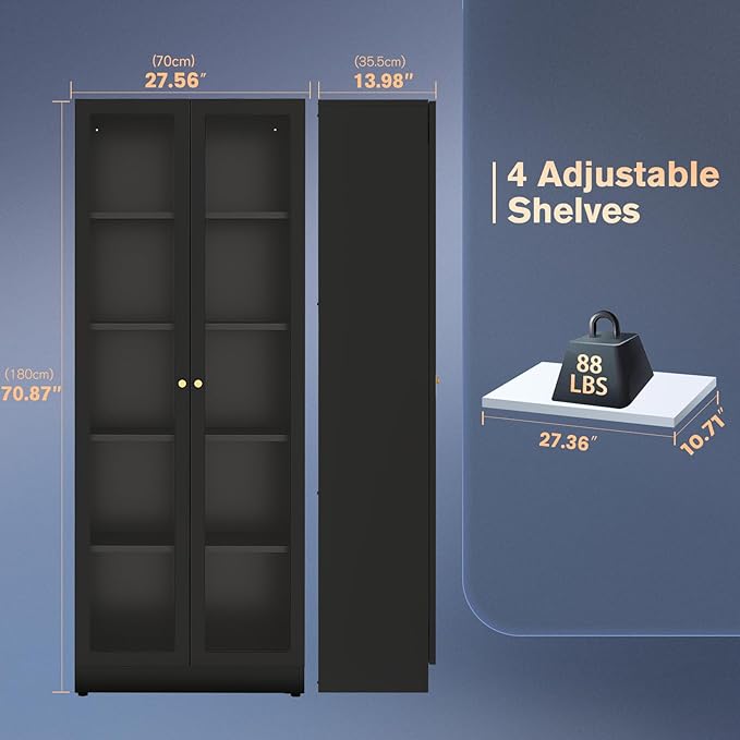 5 Tier Metal Curio Cabinets,Modern Bookcase with Acrylic Door and 4 Adjustable Shelves, 70.87 Inch Tall Storage Display Case, Dust Proof Display Cabinet for Home Office, Living Room