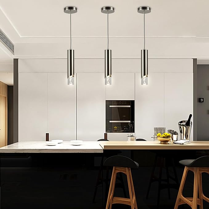 Pendant Light Fixture, Bubble Acrylic Pendant Lights Kitchen Island, 1 Light Dimmable Brushed Nickel Cylinder Pendant Island Hanging Light for Dining Room, 3000K
