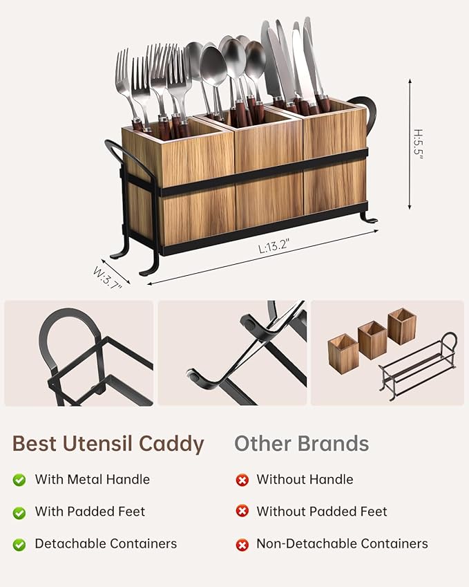 Utensil Holder for Party - Silverware Caddy with Three Compartments, Detachable, Portable Handle, Stylish Cutlery Holder for Countertop and Outdoor Use