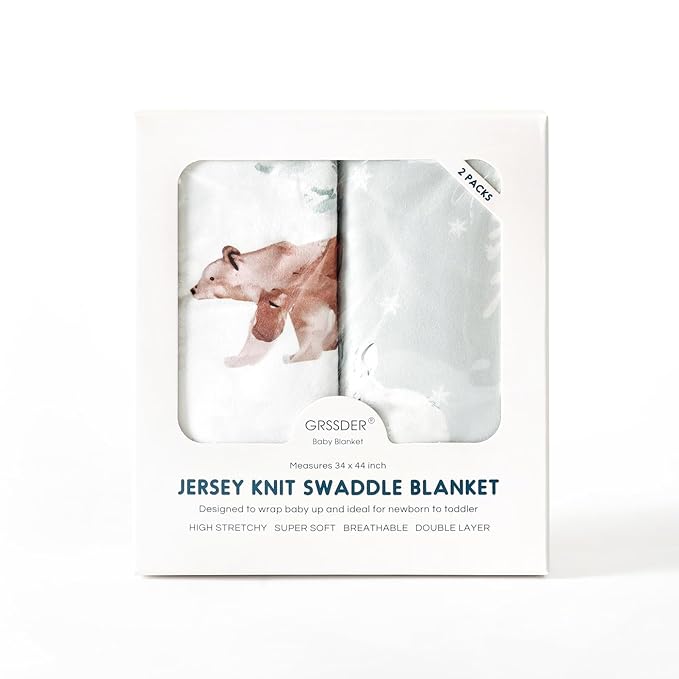 GRSSDER Baby Blankets 2 Pack Super Soft Jersey Knit Swaddle Blankets for Baby Girls and Boys, Double Layer Receiving Blankets 34 x 44 Extra Large for Swaddling, Bear & Snow Wolf