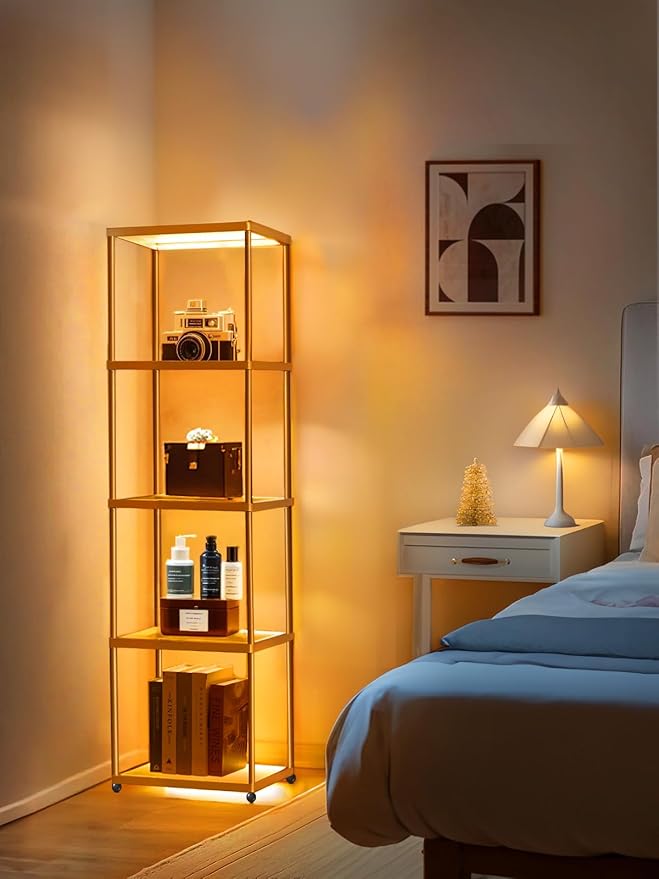MANBUR Display Shelf with Dimmable LED Floor Lamp, Display Cabinet with Glass Bookcase, Home Decor, Bedroom Decor, Bookshelf with Light, Open Book Shelf with 5-Tier Shelf for Living Room Decor Gold