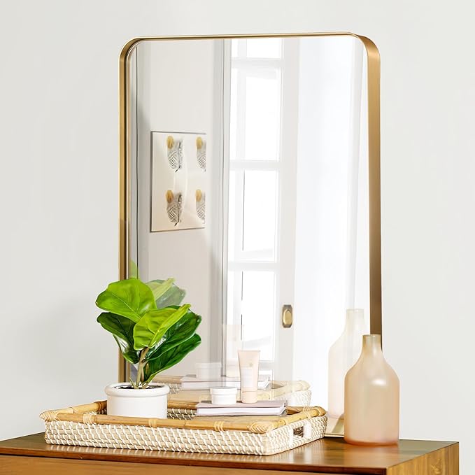 24x36 Inch Rectangle Bathroom Mirror, Brushed Gold Vanity Mirrors for Wall, Metal Frame Wall Mirror, Mirror with Round Corner for Bedrooms, Entryways, Living Rooms, Horizontal/Vertical
