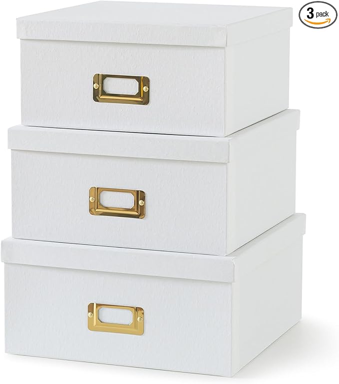 Soul & Lane White Kraft Paper Boxes for Storage - Set of 3 Square Stacking Boxes with Lids and Gold Label Holders, Decorative Photo Storage, Nesting Cardboard Containers for Decor and Organizing