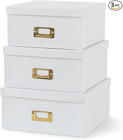 Soul & Lane White Kraft Paper Boxes for Storage - Set of 3 Square Stacking Boxes with Lids and Gold Label Holders, Decorative Photo Storage, Nesting Cardboard Containers for Decor and Organizing