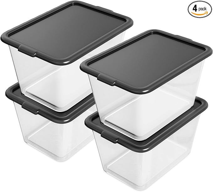 Storage Totes with Lids - Made in USA 14.5-Gallon (58-Quart) 4-Pack storage bins with lids plastic storage containers large storage boxes for Organizer Black/Clear