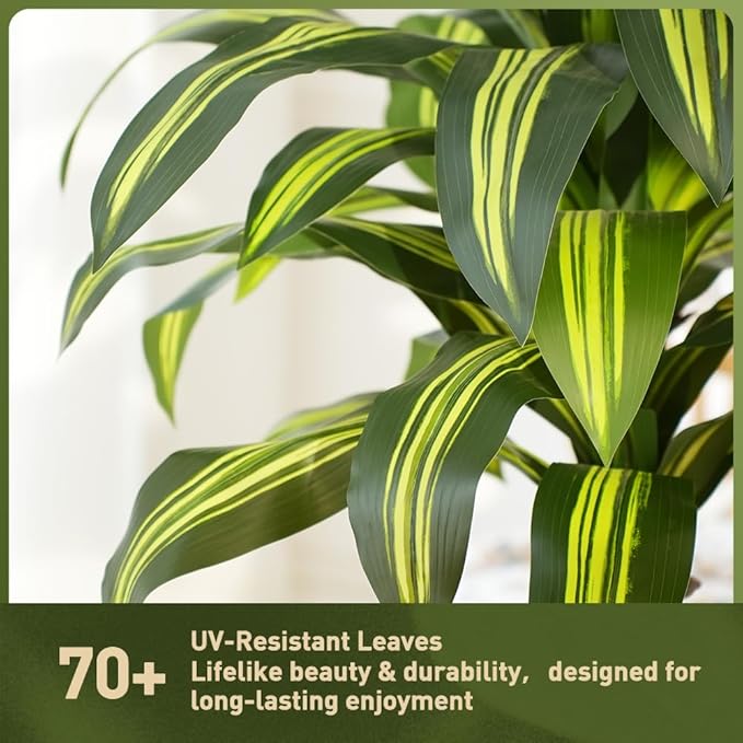 Artificial Dracaena Tree 6FT - UV Resistant Faux Tree with Large Taper Planter & Pebbles - Tall Fake Plants Indoor & Outdoor, Potted Floor Plant for Home Living Room Porch Decor, VN127