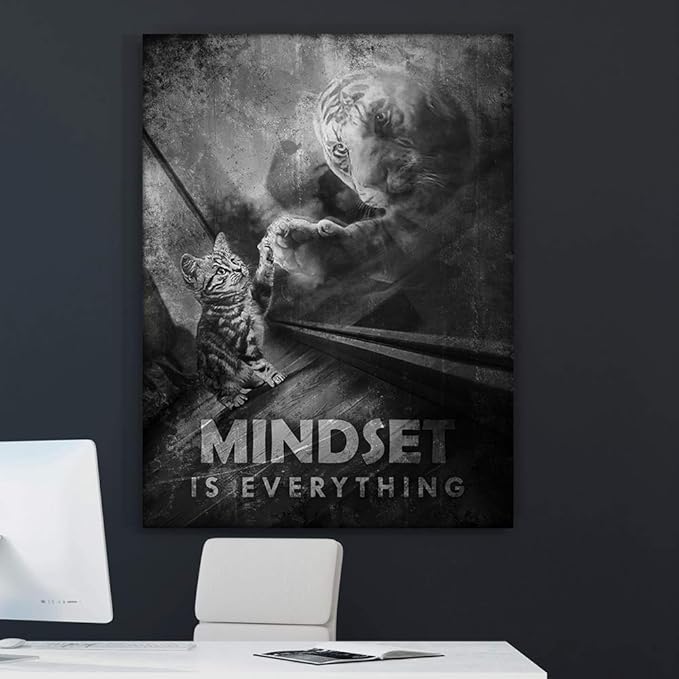Motivational Wall Art Mindset Is Everything Canvas Print, Office Decor, Inspiring Framed Prints, Inspirational Entrepreneur Quotes for Wall Art Decoration, Tiger Sign (8 x 8 in)