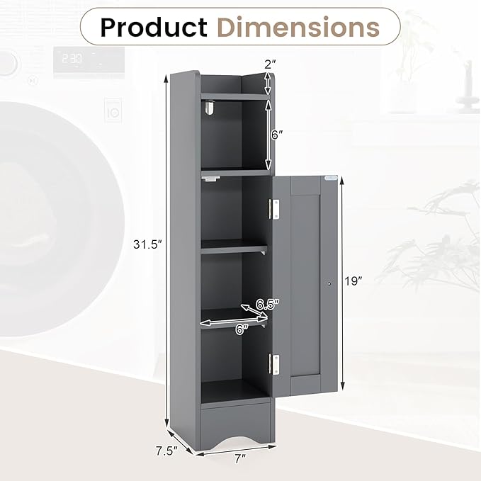 Tangkula Small Bathroom Storage Cabinet with Door, Toilet Paper Holder Stand with Adjustable Shelves & Open Compartment for Small Spaces, Narrow Freestanding Storage, 7 x 7.5 x 31.5 Inches (Grey)