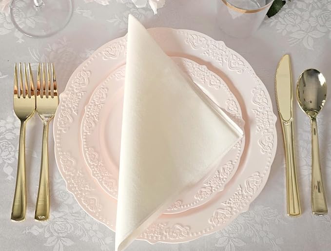 " OCCASIONS " 240 Plates Pack,(120 Guests) Vintage Wedding Party Disposable Plastic Plates Set-120x10.25'' Dinner +120x7.5'' Salad/Dessert Plate (Portofino Light Pink/Blush)