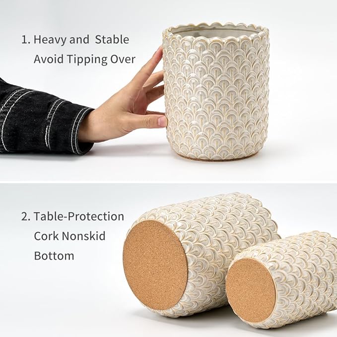 JIEMEI HOME Kitchen Utensil Holder, Large 7.5"+6.2" Petal Ceramic Utensil Crock for Countertop, Utensil Holder with Cork Mat, Morden Utensil Organizer for Spatula, Kitchen Decor, Set of 2, Off-white