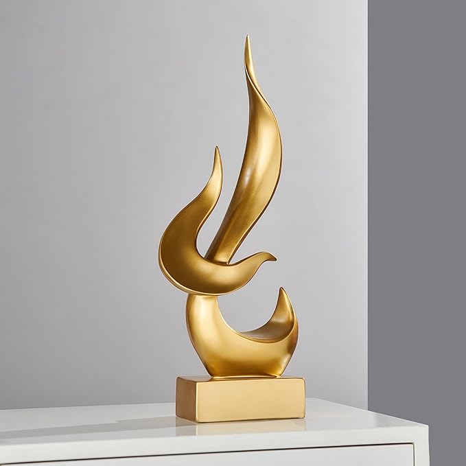 FJS Gold Decor Modern Flame Statue Decorations for Living Room, 15.3" H Resin Sculptures Home Décor Accents, Abstract Art Sculpture for Shelf Dining Room Office Coffee Table Centerpiece