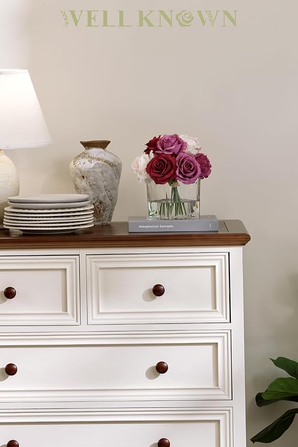 WELL KNOWN Rose Artificial Flowers in Vase with Faux Water, Silk Rose Table Centerpieces for Home Coffee Table Decor, Fake Roses Flower Arrangements for Office Hotel Lavatory Decor (Purple & White)