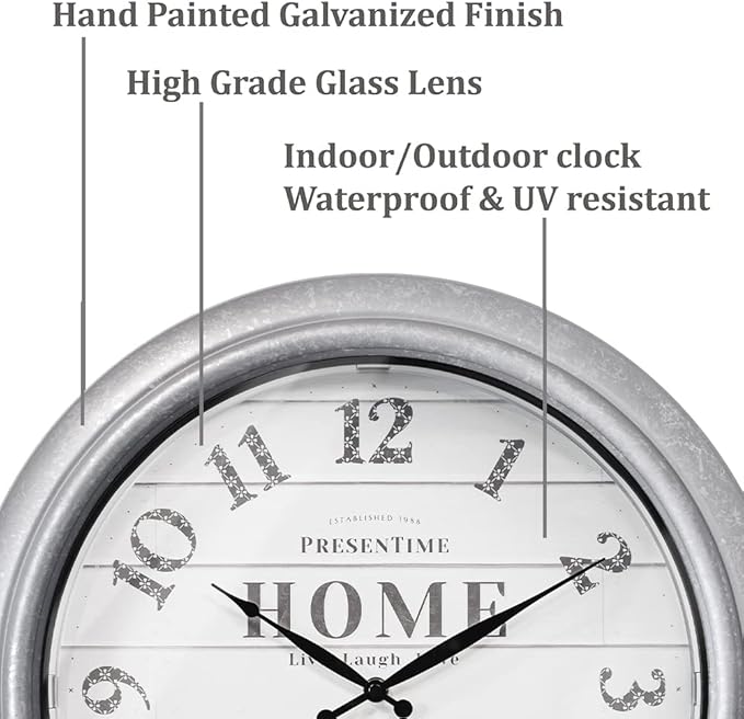 Presentime & Co 18" Vienna Modern Farmhouse Luminous Indoor/Outdoor Clock, Shiplap Style, Galvanized Silver Finish, Night Light with Smart Sensor, Wall Decoration, Outdoor Lights & Decoration.