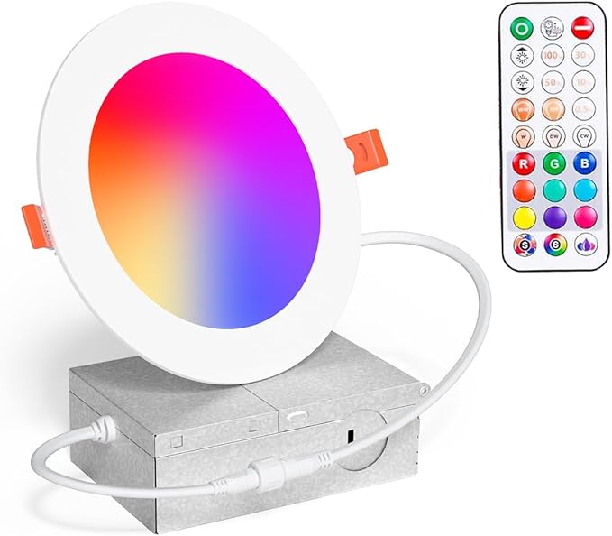 Recessed Lighting 4 Inch RGBCW Color Changing 12W LED Downlights with Junction Box,1080Lumens Canless LED Recessed Ceiling Lights Dimmable by Remote Control, Dual Memory,Timer,Delayed Off, ETL,1 Pack