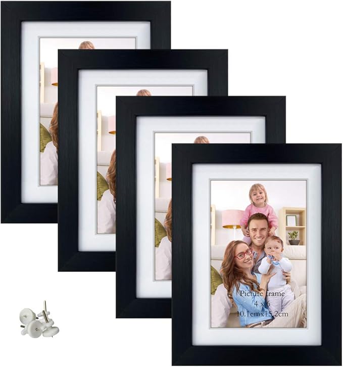 Giftgarden 4x6 Picture Frame Set of 4, 5x7 Frames Matted to 4 by 6 Pictures with Mat or 5 by 7 Photos without Mat, Wall Hanging or Tabletop Display, Black