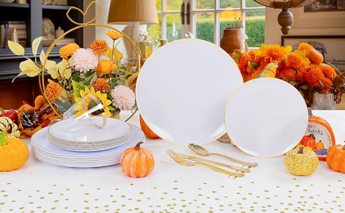 Festiva 176Pcs White and Gold Plastic Plates - White with Gold Rim Dinnerware Set - 25Guest include Plates Cups Cutlery Napkins forThanksgiving Party&Wedding& New Year