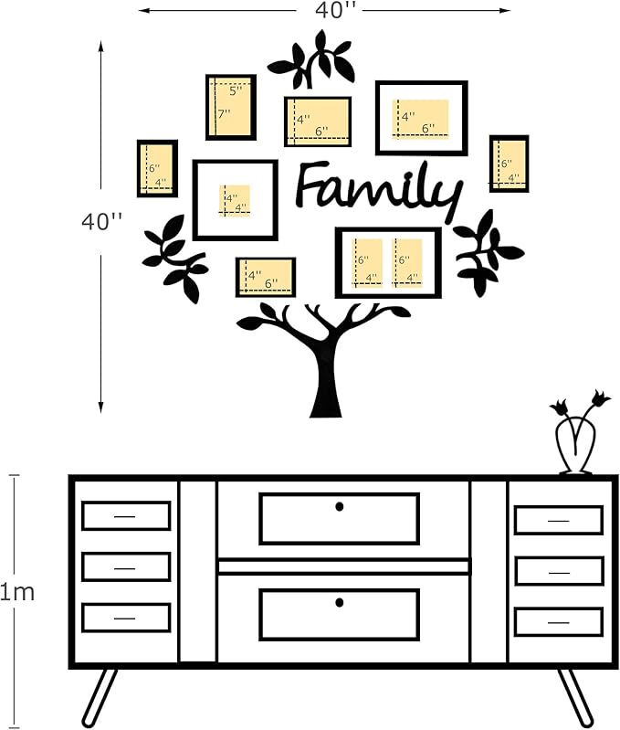 J.M.Deco 13 Pack Family Tree Photo Frame Collection with Lvory Mat Set- Photo Size One 4''x4'' Five 4''x6'' Three 5''x7''- PVC-Wall Mounting Picture Frame for Home Living Room Bedroom 3D Design-Black