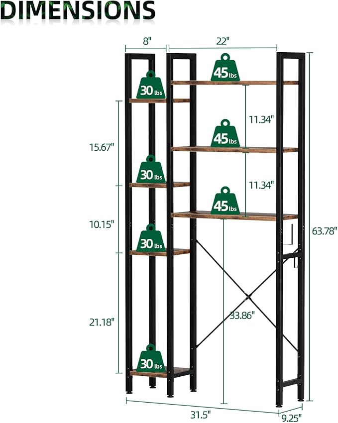 OTK Over The Toilet Storage with 7-Tier Bathroom Organizer Shelf, Freestanding Space Saver with Hooks & Adjustable Feet, Storage Rack for Bathroom, Restroom, Laundry, Vintage