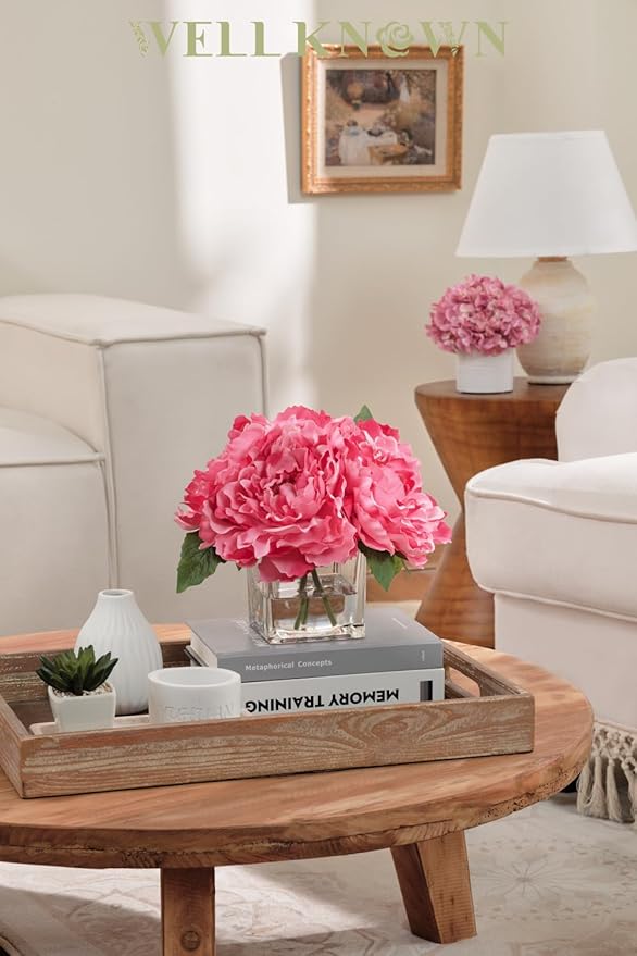 Artificial Peonies Flowers Arrangements in Cube Glass Vase, WELLKNOWN Silk Flower Centerpieces for Dining Room Table, Coffee Table Decor, Faux Peony Flowers with Faux Water (Fuchsia)