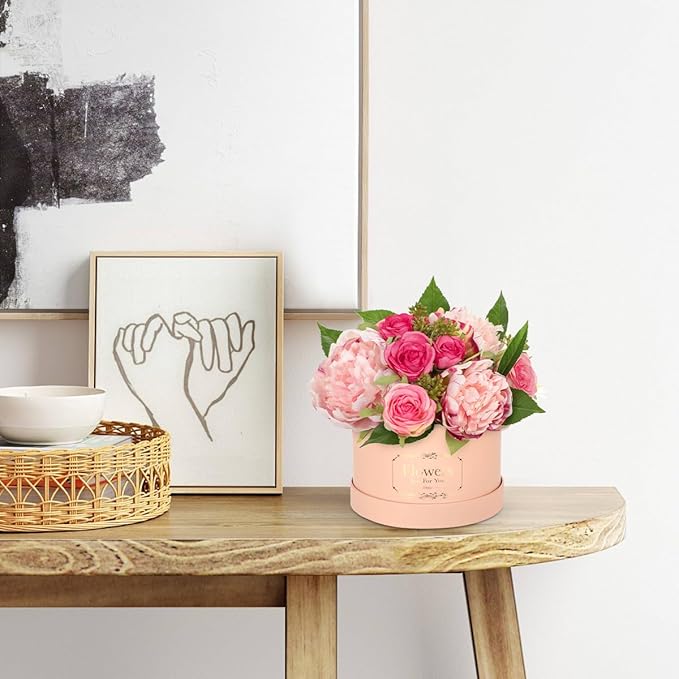Hollyone Pink Peonies Roses Artificial Flowers in Vase Round Gift Boxes with Fake Flowers Arrangements Faux Flowers Floral in Box Vase for Her Mothers' Day Valentine's Day Christmas Birthday Gift