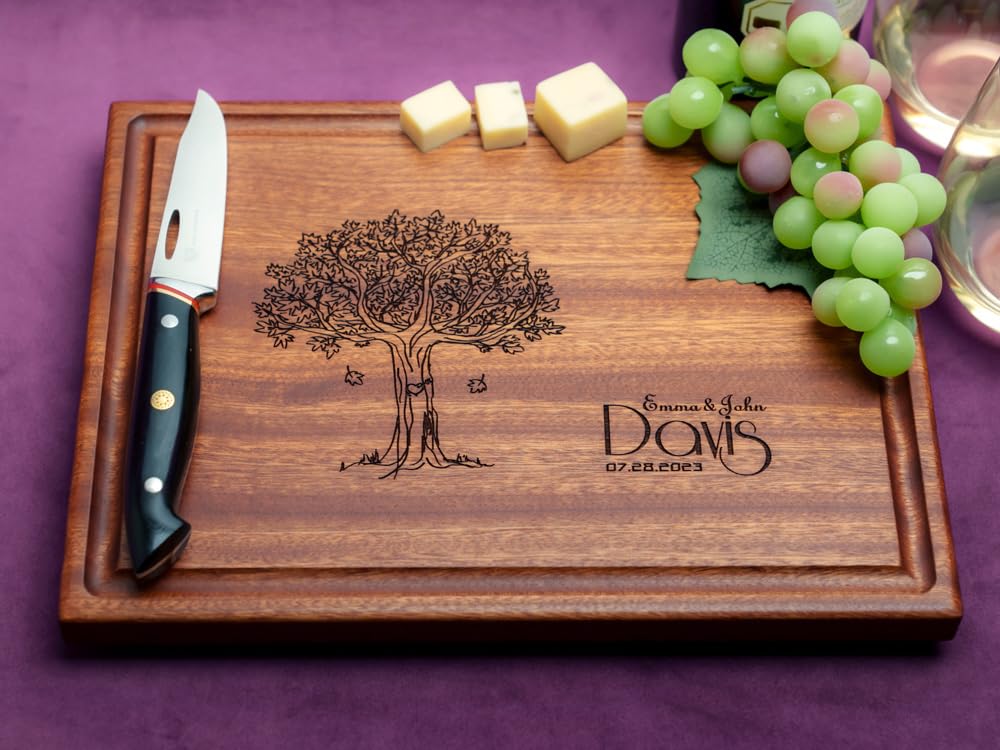 Straga Personalized Cutting Boards | Handmade Wood Engraved Charcuterie | Custom Wedding, Anniversary, Housewarming Gift for Family (Tree Design No.404)