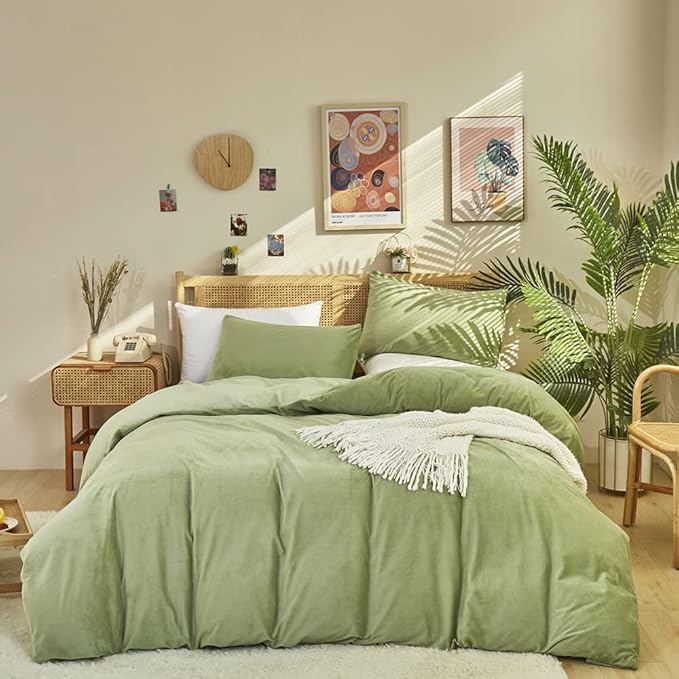 CLOTHKNOW Green Fluffy California King Comforter Set 3Pcs Sage Green Velvet Bedding Comforter Sets Green Comforter Soft Light Green Comforter Sets Cal King