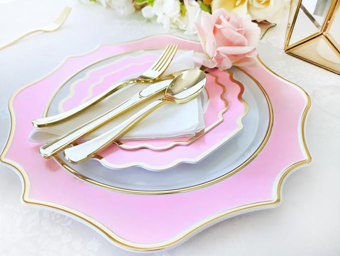 " OCCASIONS " 80 Plates Pack,(40 Guests) Heavyweight Premium Wedding Party Disposable Plastic Plates Set -40 x 10.5'' Dinner + 40 x 8'' Salad/Dessert(Imperial in Light Pink & Gold)