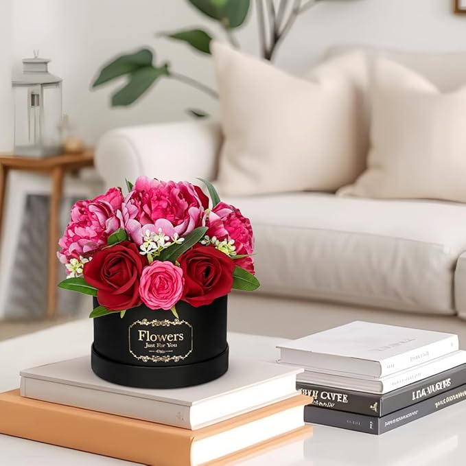 Hollyone Red Artificial Peonies Roses in Vase Round Gift Boxes with Fake Flowers Arrangements Faux Flowers Floral in Box Vase for Her Mothers' Day Valentine's Day Christmas Birthday Graduation Gift