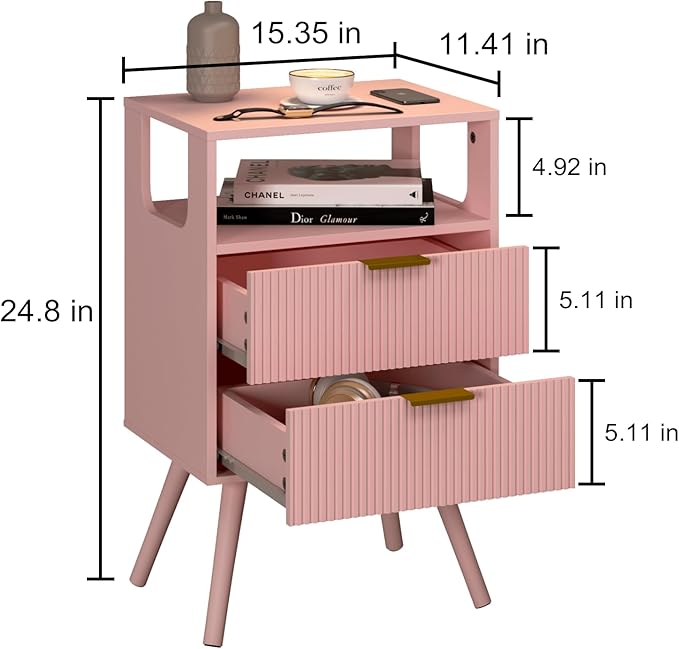 Pink Nightstand,Modern Bedside Table with 2 Storage Drawer and Open Wood Shelf, for Bedroom and Small Spaces,Night Stand with Solid Wood Legs